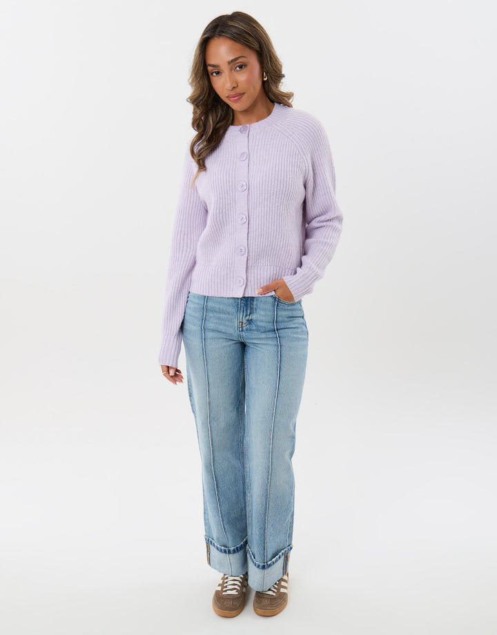 Chunky Knit Crew Neck Cardigan in Lilac