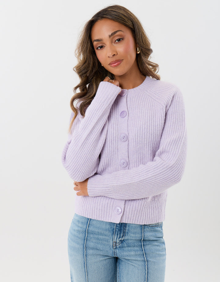 Chunky Knit Crew Neck Cardigan in Lilac