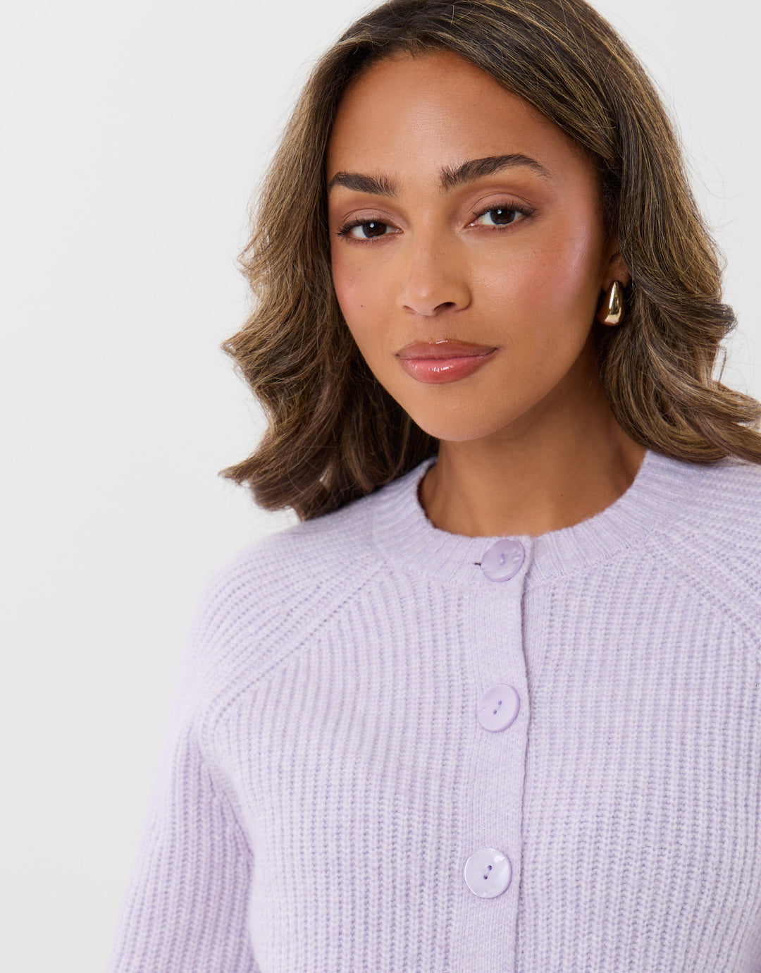 Chunky Knit Crew Neck Cardigan in Lilac