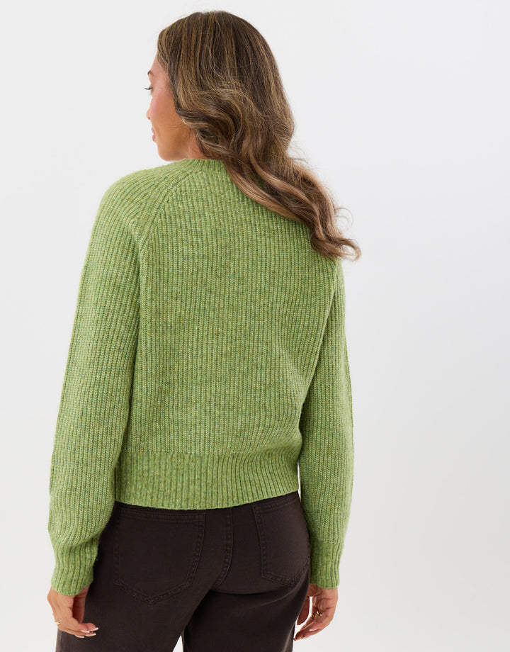 Chunky Knit Crew Neck Cardigan in Green