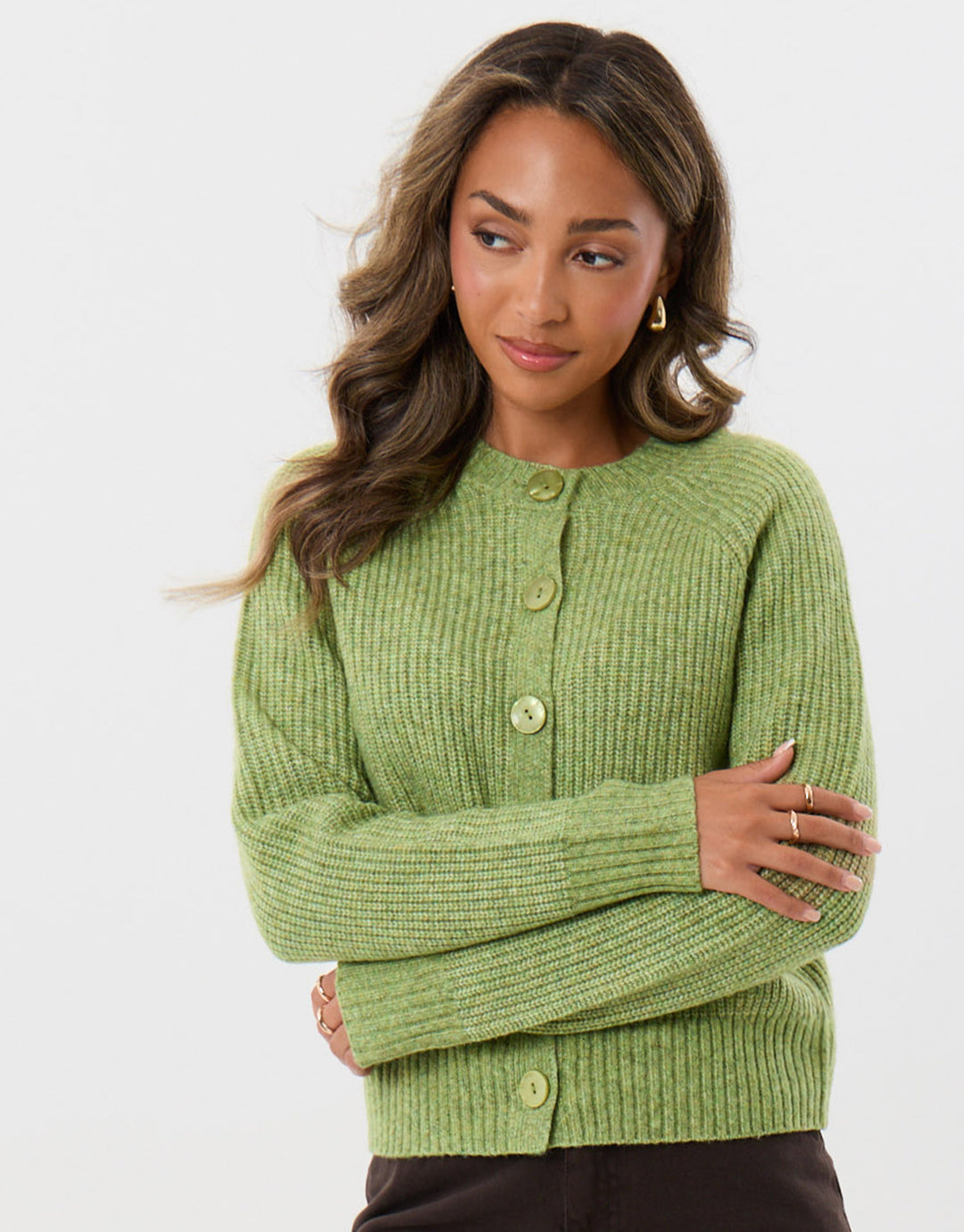 Chunky Knit Crew Neck Cardigan in Green
