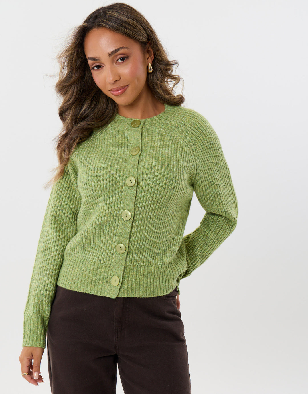 Chunky Knit Crew Neck Cardigan in Green