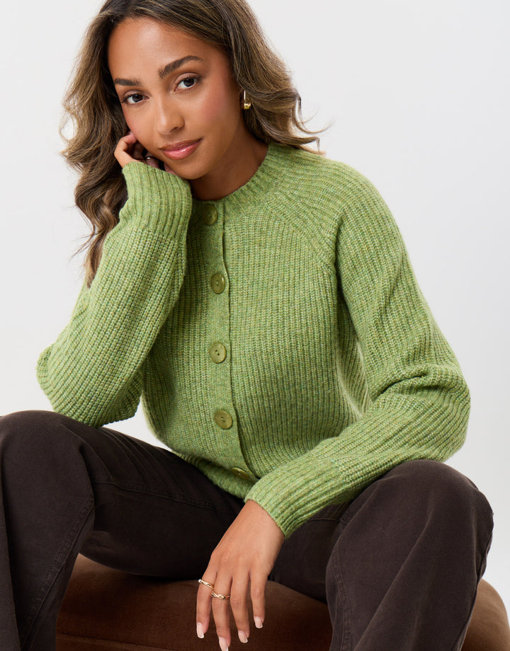 Chunky Knit Crew Neck Cardigan in Green