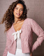 Pink Cable Knit Velvet Bow Detail Cardigan