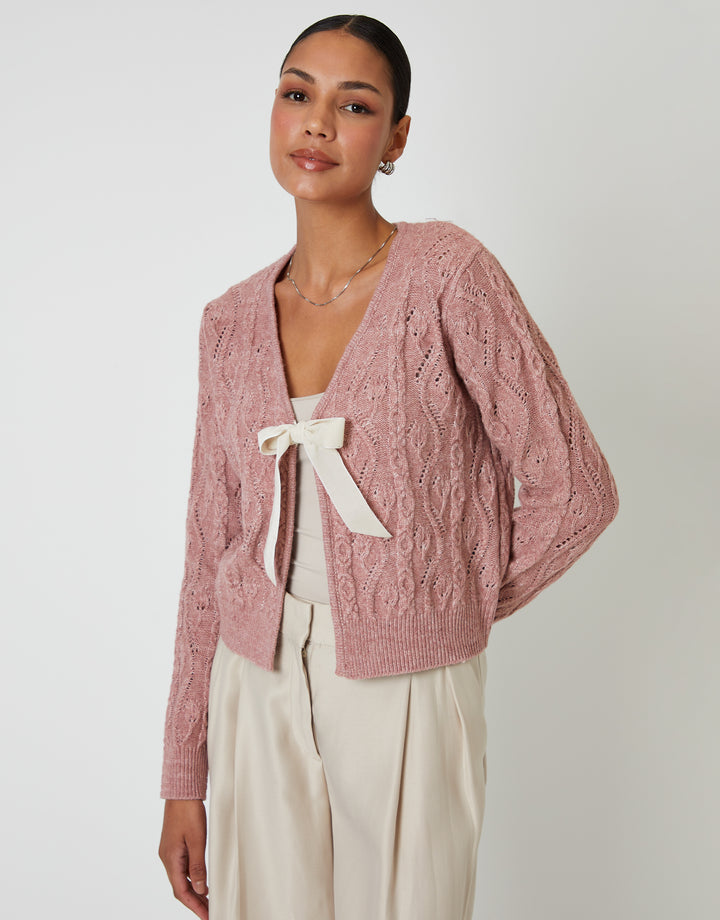 Pink Cable Knit Velvet Bow Detail Cardigan