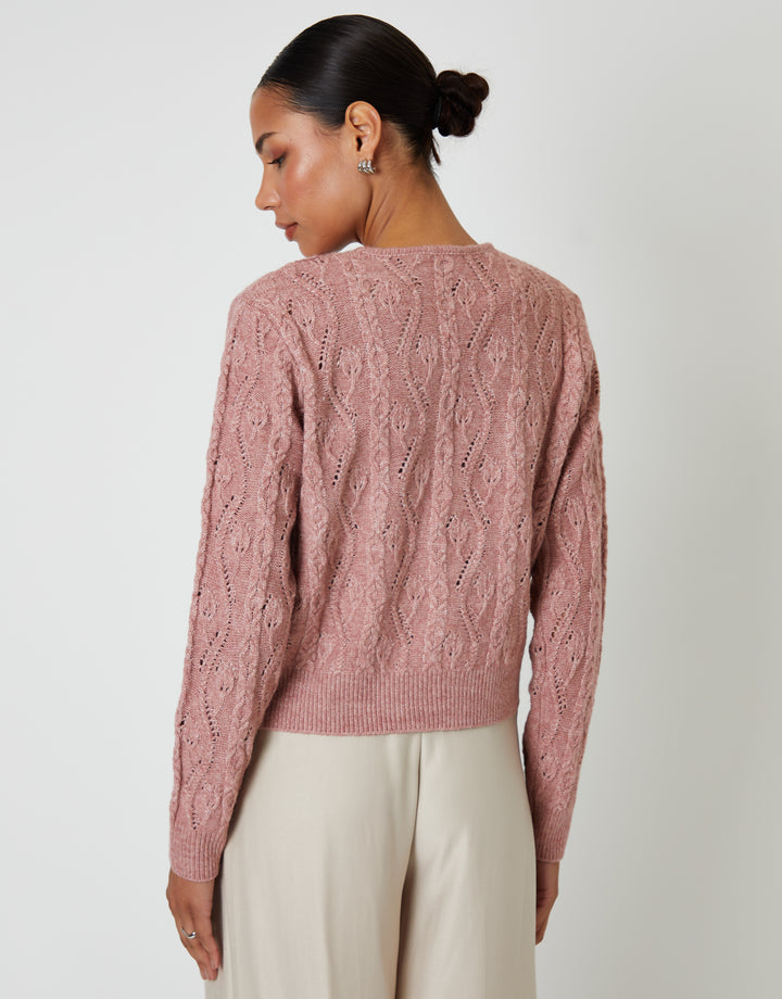 Pink Cable Knit Velvet Bow Detail Cardigan