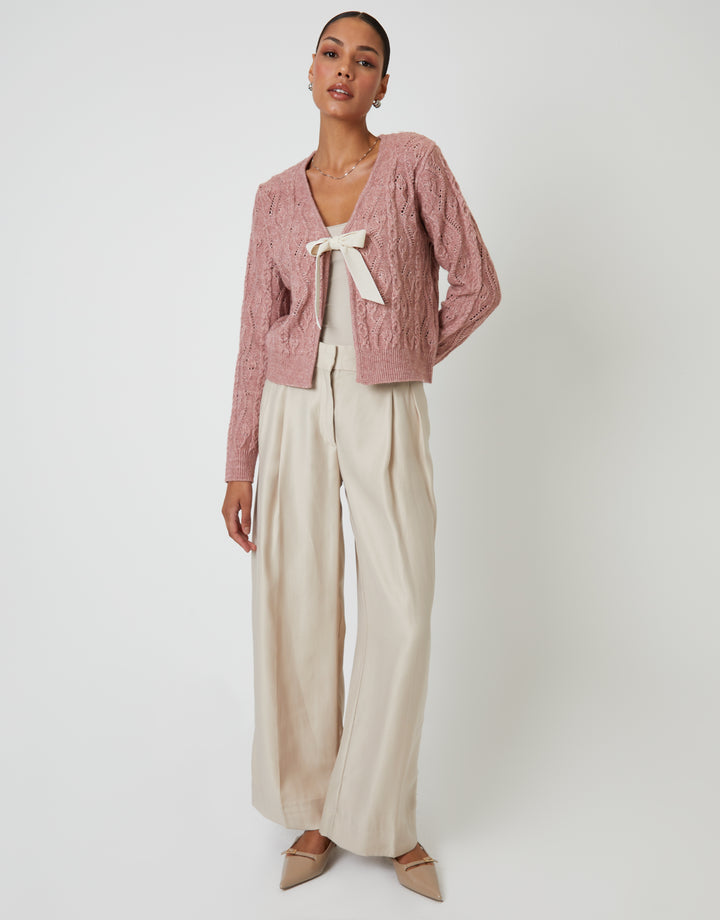 Pink Cable Knit Velvet Bow Detail Cardigan