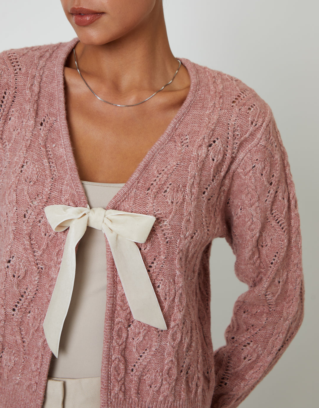 Pink Cable Knit Velvet Bow Detail Cardigan