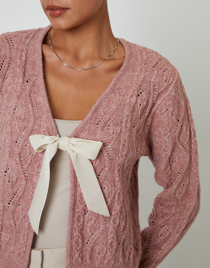 Pink Cable Knit Velvet Bow Detail Cardigan