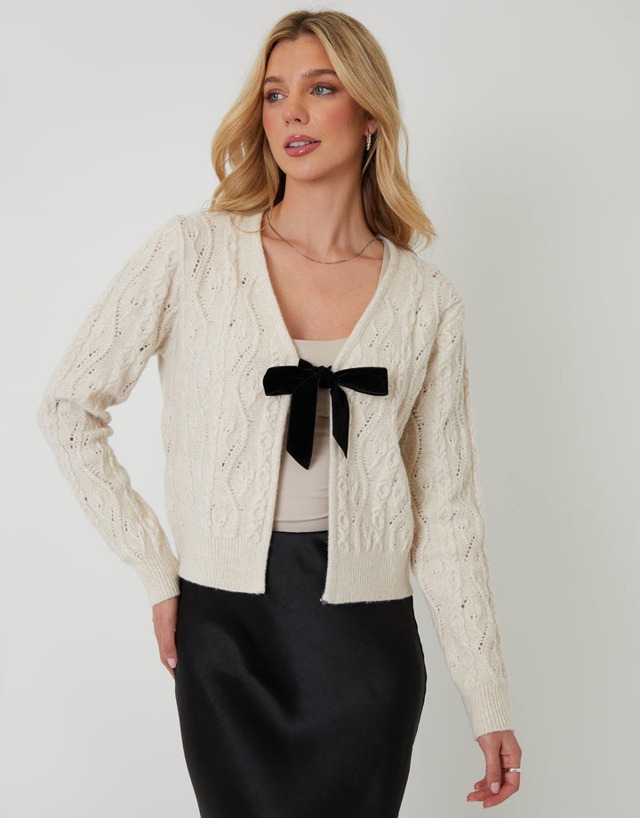 Cream Cable Knit Velvet Bow Detail Cardigan