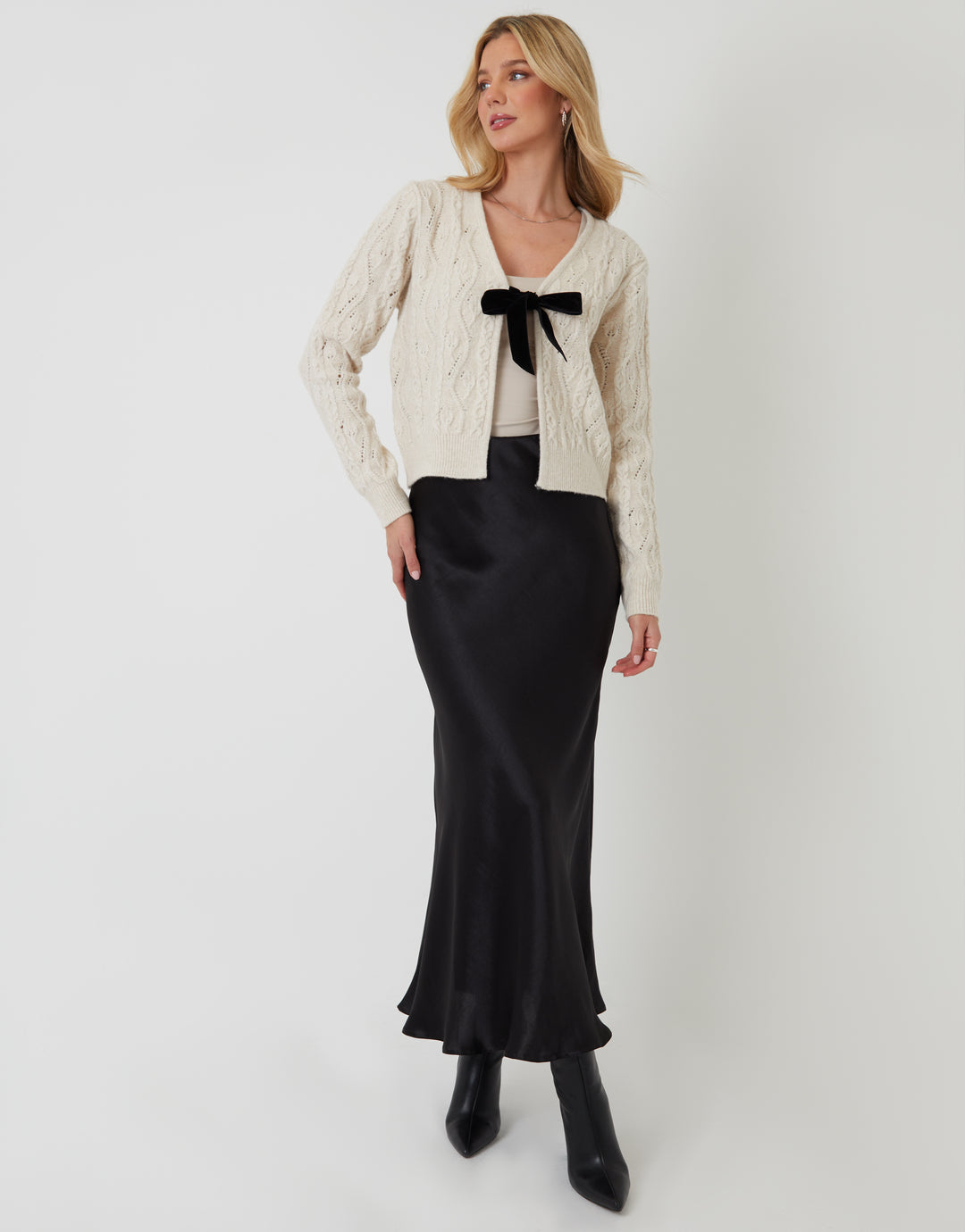 Cream Cable Knit Velvet Bow Detail Cardigan