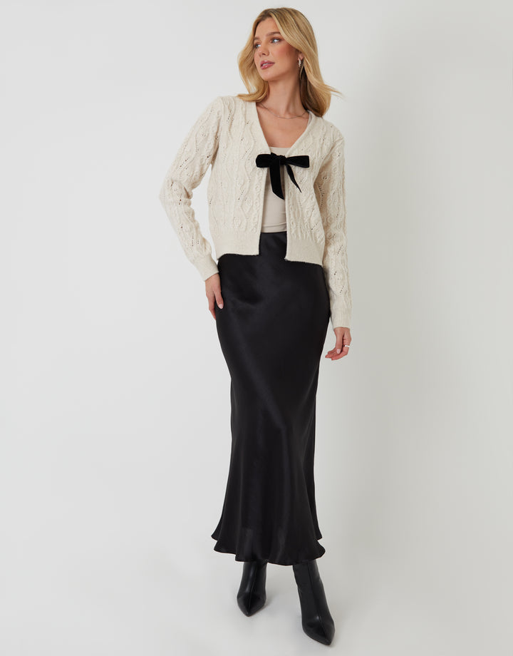 Cream Cable Knit Velvet Bow Detail Cardigan