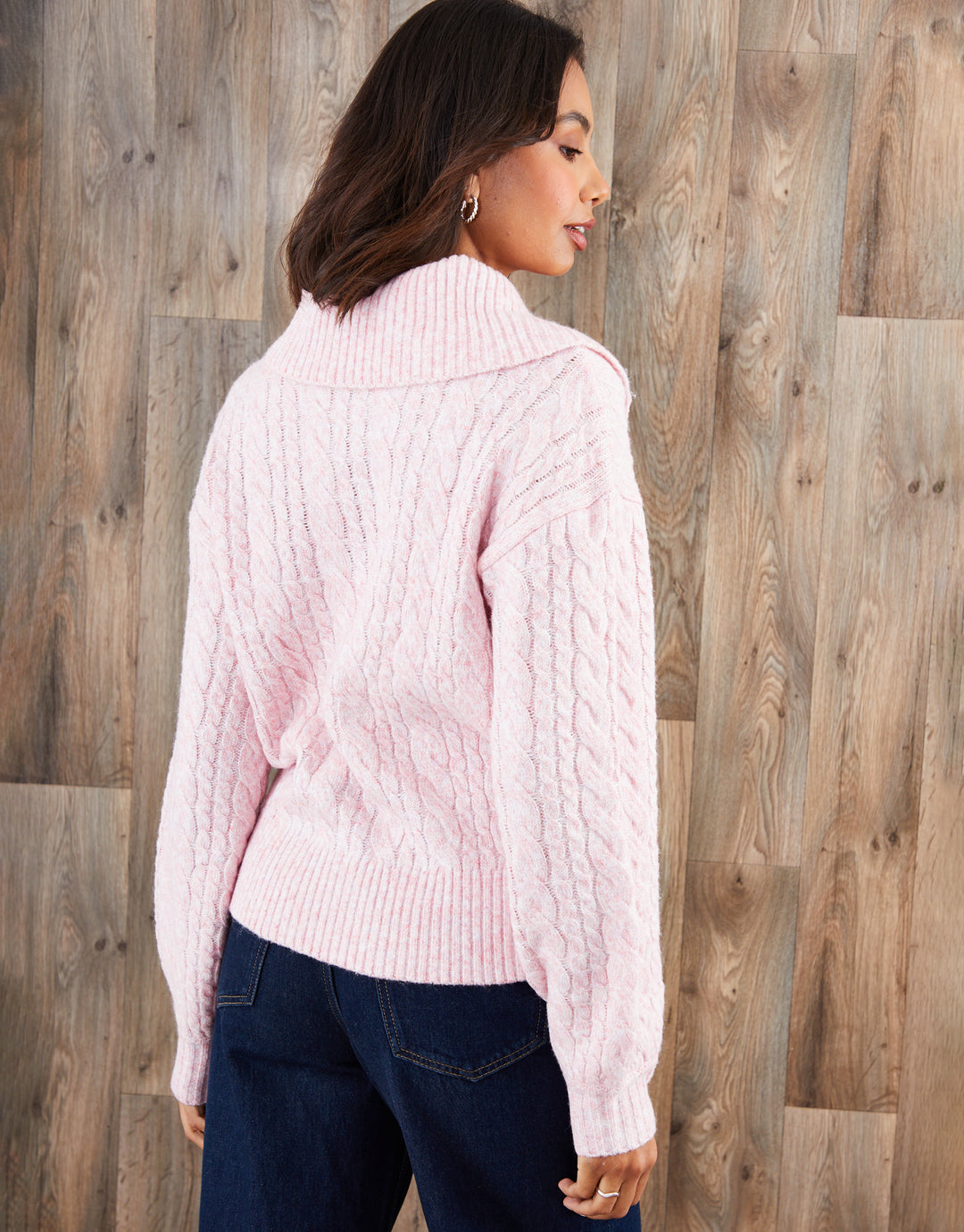 Pink Cable Knit Quarter Zip Jumper