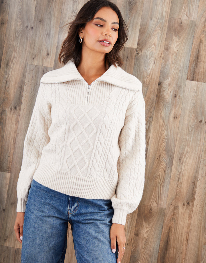 Ecru Cable Knit Quarter Zip Jumper