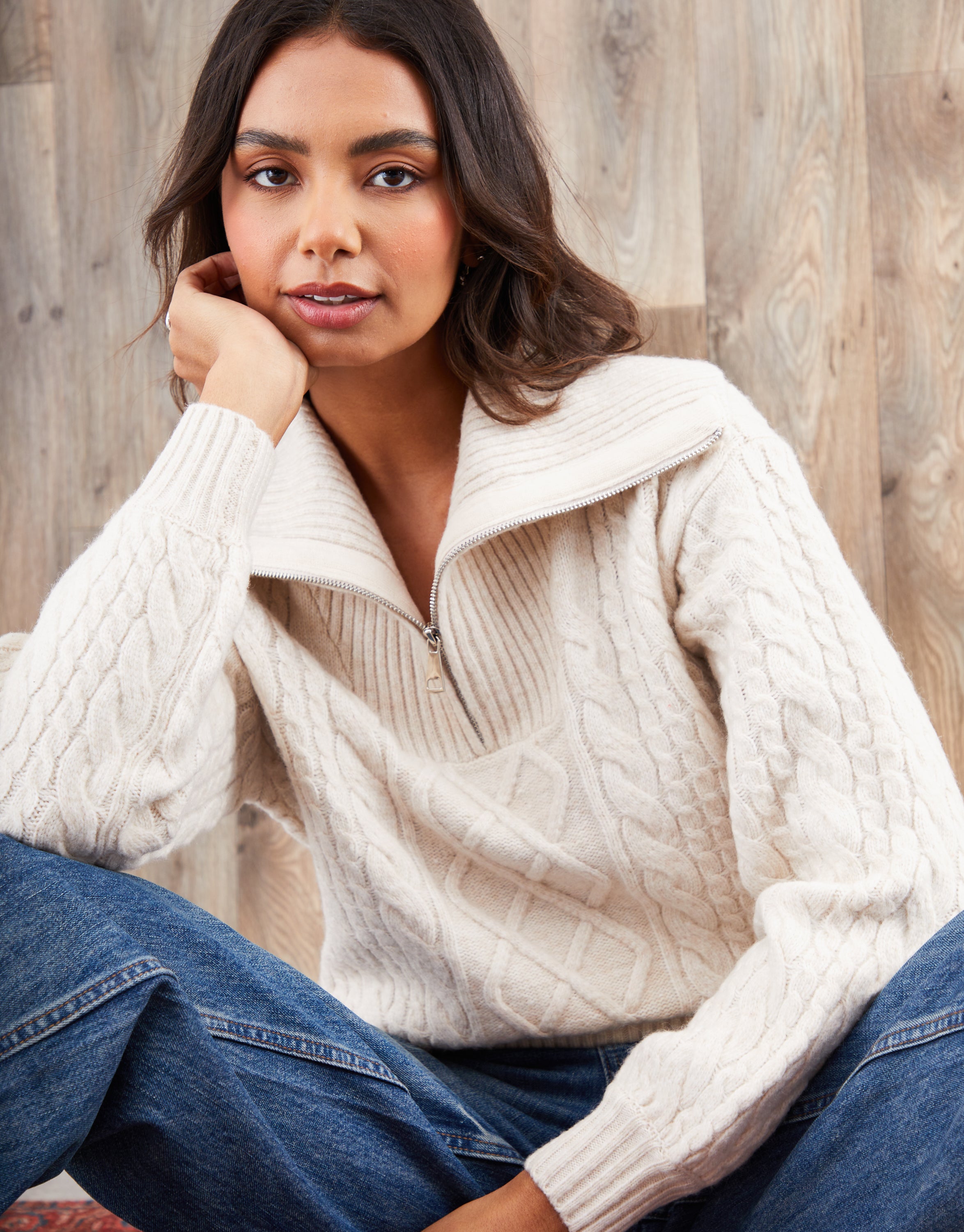 Threadbare Women's Ecru Cable Knit Quarter Zip Jumper