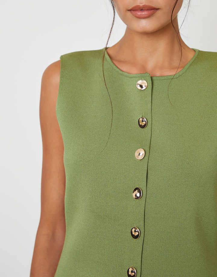 Ribbed Knitted Waistcoat in Olive Green