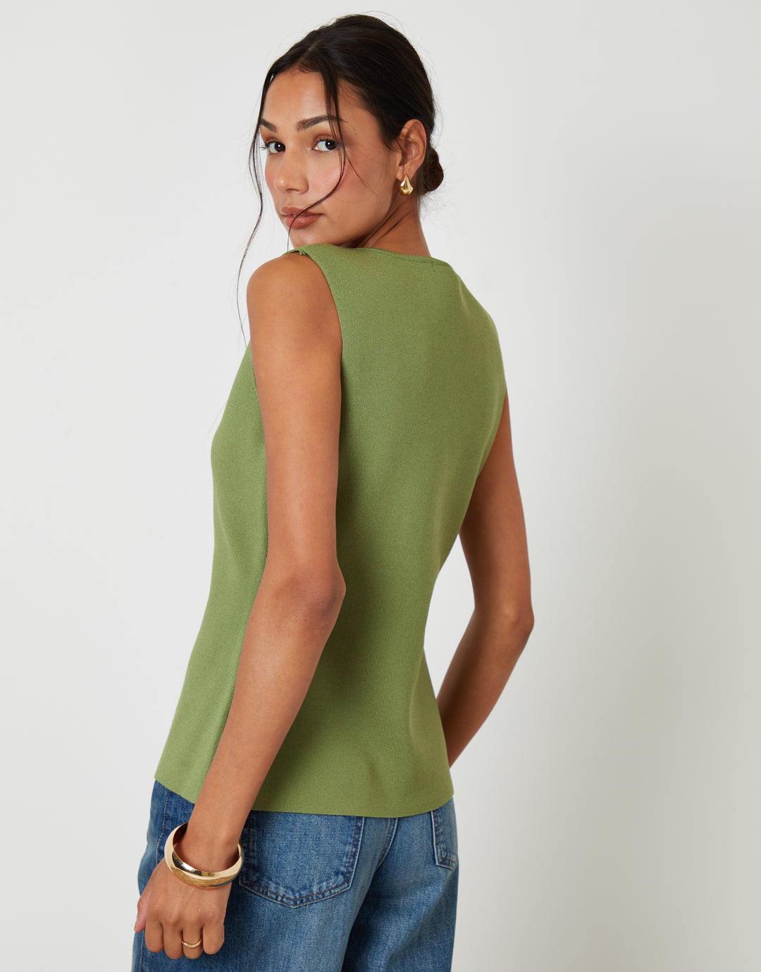 Ribbed Knitted Waistcoat in Olive Green