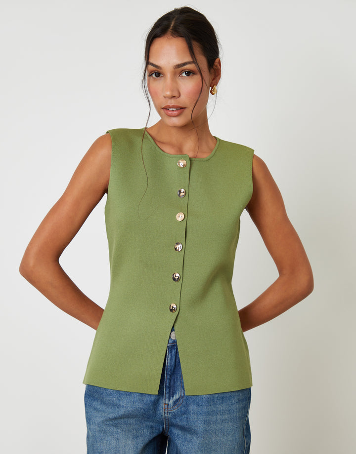 Ribbed Knitted Waistcoat in Olive Green