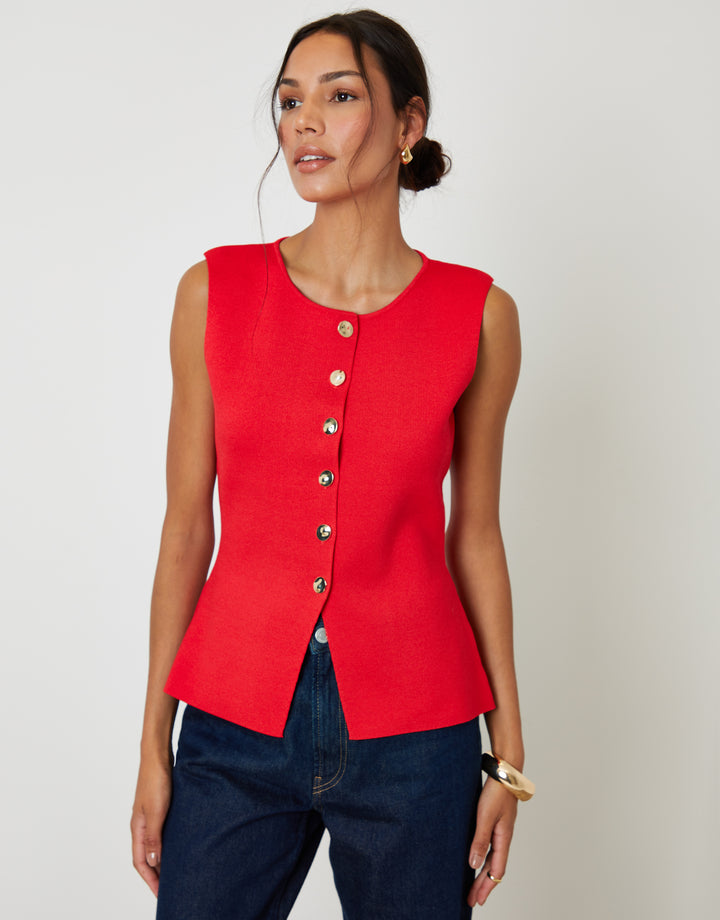 Red Ribbed Knitted Waistcoat