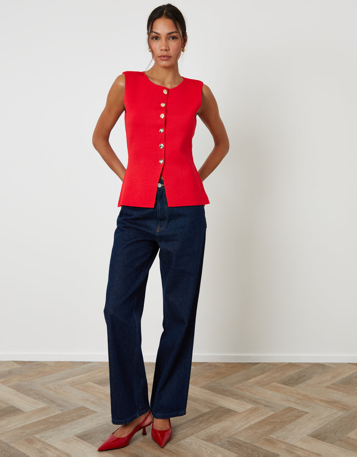 Red Ribbed Knitted Waistcoat