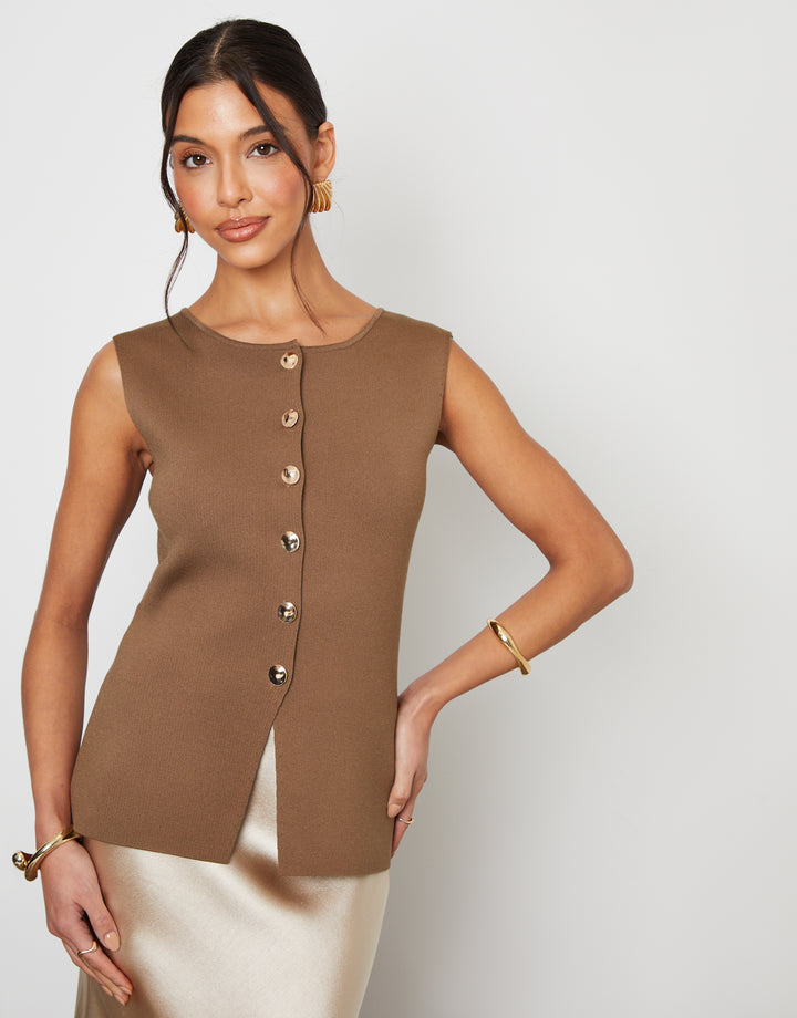 Brown Ribbed Knitted Waistcoat