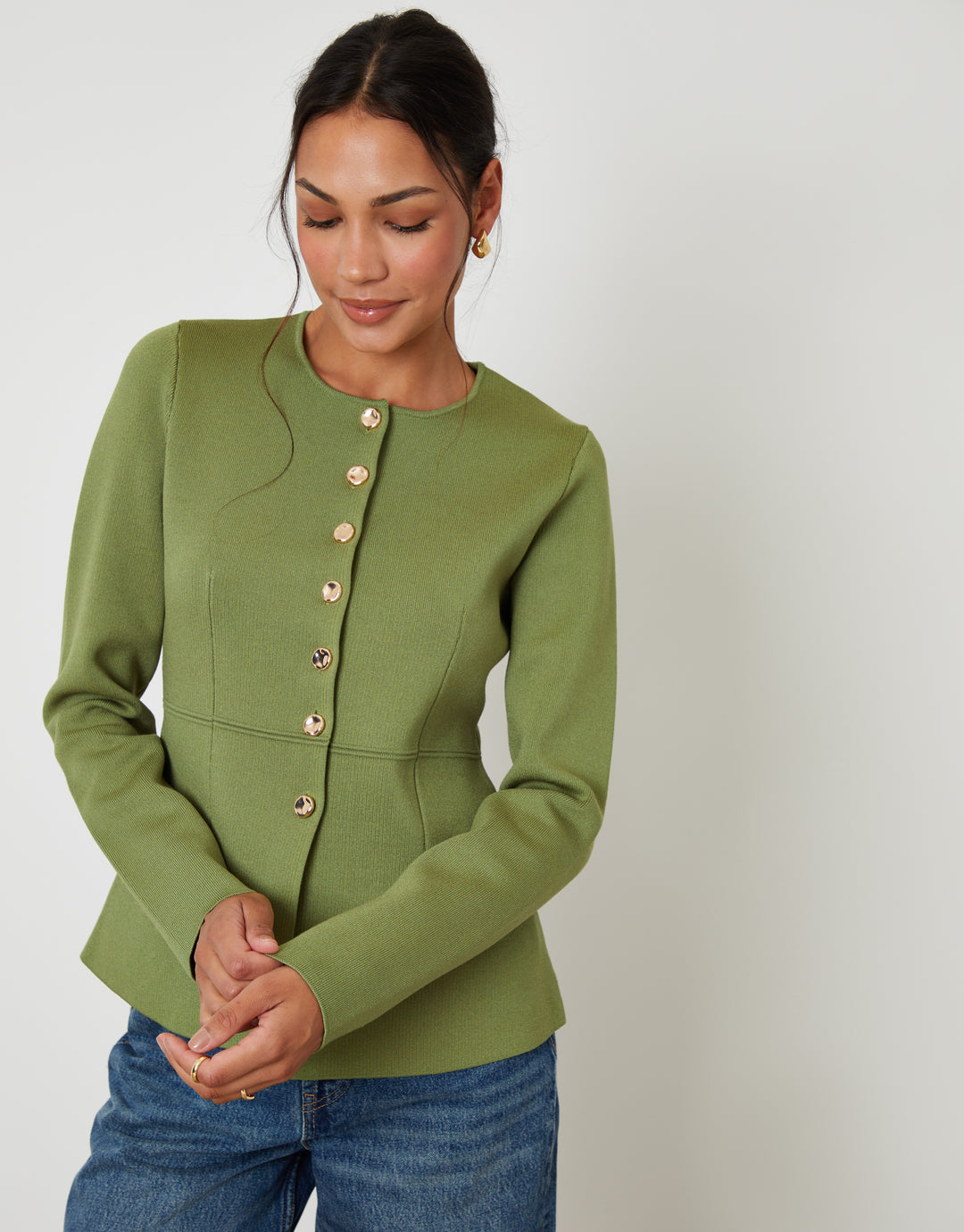 Olive Green Cinched Knitted Button Up Cardigan