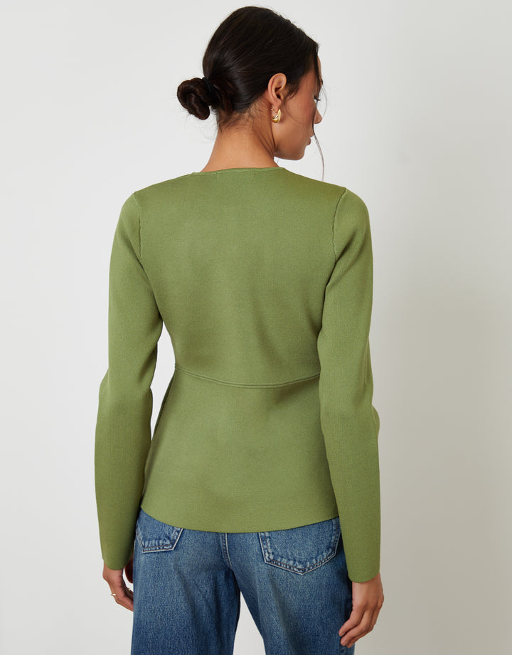 Olive Green Cinched Knitted Button Up Cardigan