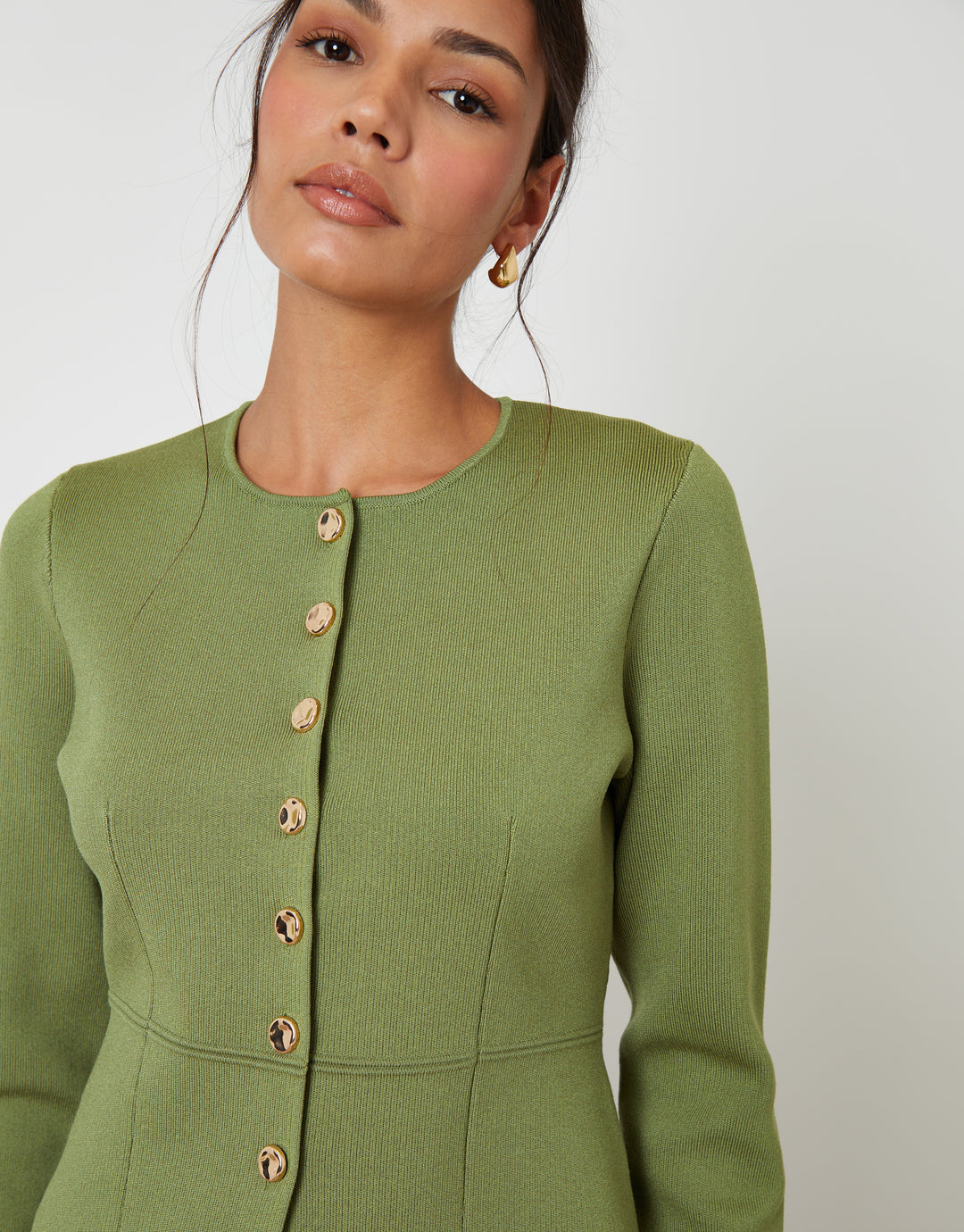 Threadbare Women's Olive Green Cinched Knitted Button Up Cardigan Threadbare Women's Olive Green Cinched Knitted Button Up Cardigan