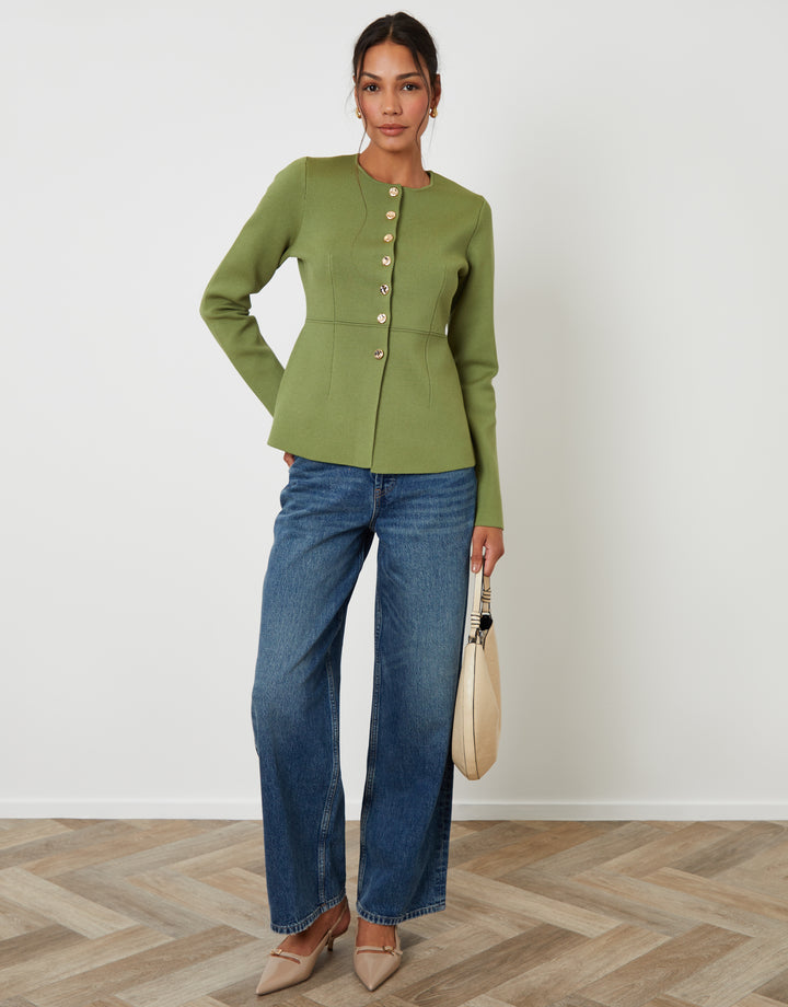 Olive Green Cinched Knitted Button Up Cardigan