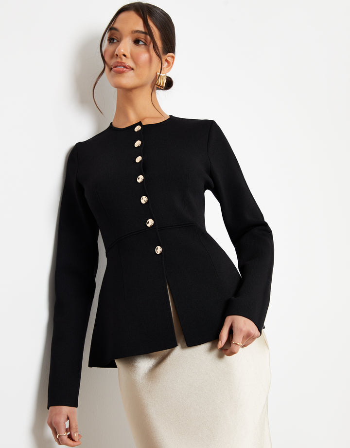 Black Cinched Knitted Button Up Cardigan