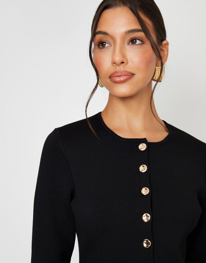 Black Cinched Knitted Button Up Cardigan