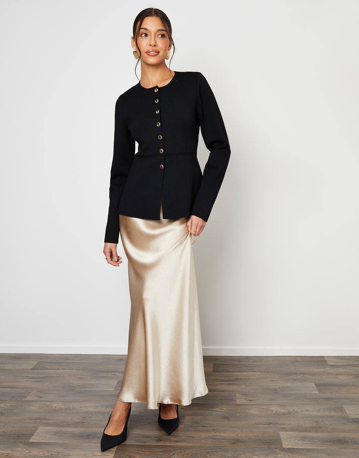 Black Cinched Knitted Button Up Cardigan