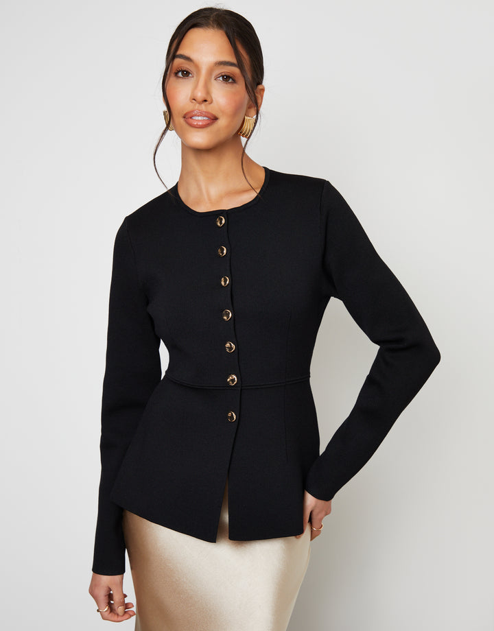 Black Cinched Knitted Button Up Cardigan