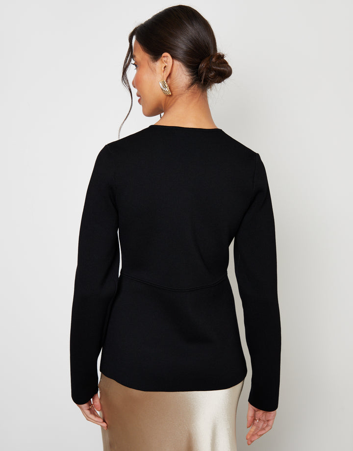 Black Cinched Knitted Button Up Cardigan