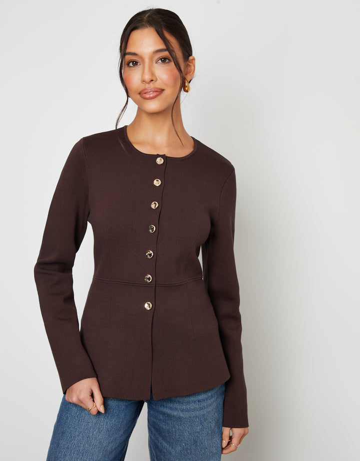 Chocolate Brown Cinched Knitted Button Up Cardigan