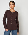Chocolate Brown Cinched Knitted Button Up Cardigan