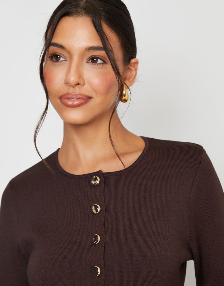 Chocolate Brown Cinched Knitted Button Up Cardigan