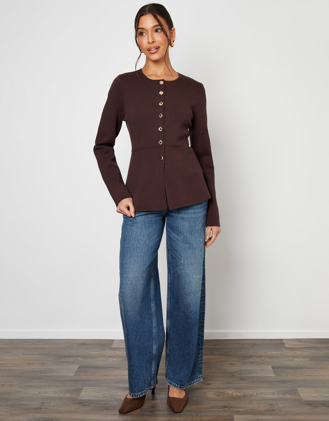 Chocolate Brown Cinched Knitted Button Up Cardigan