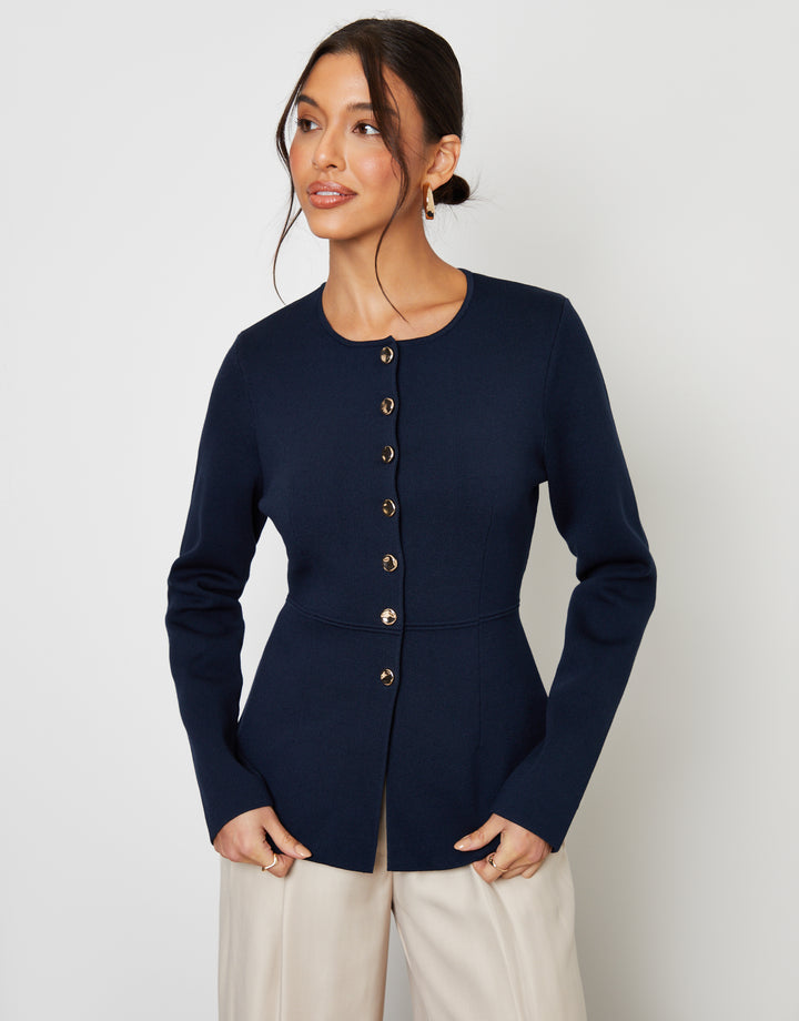 Navy Cinched Knitted Button Up Cardigan