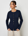 Navy Cinched Knitted Button Up Cardigan