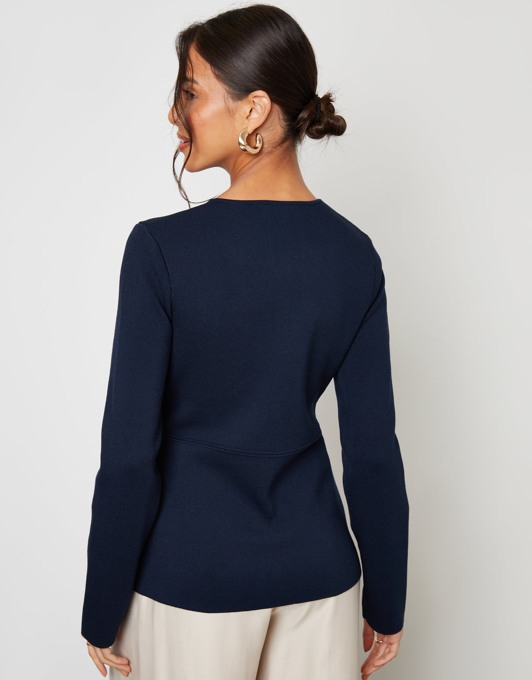 Navy Cinched Knitted Button Up Cardigan