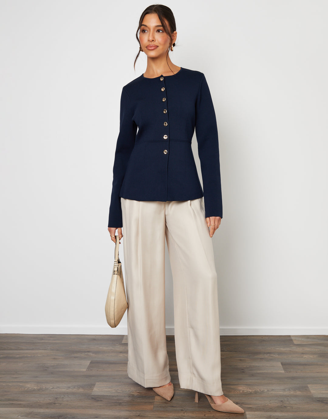 Navy Cinched Knitted Button Up Cardigan