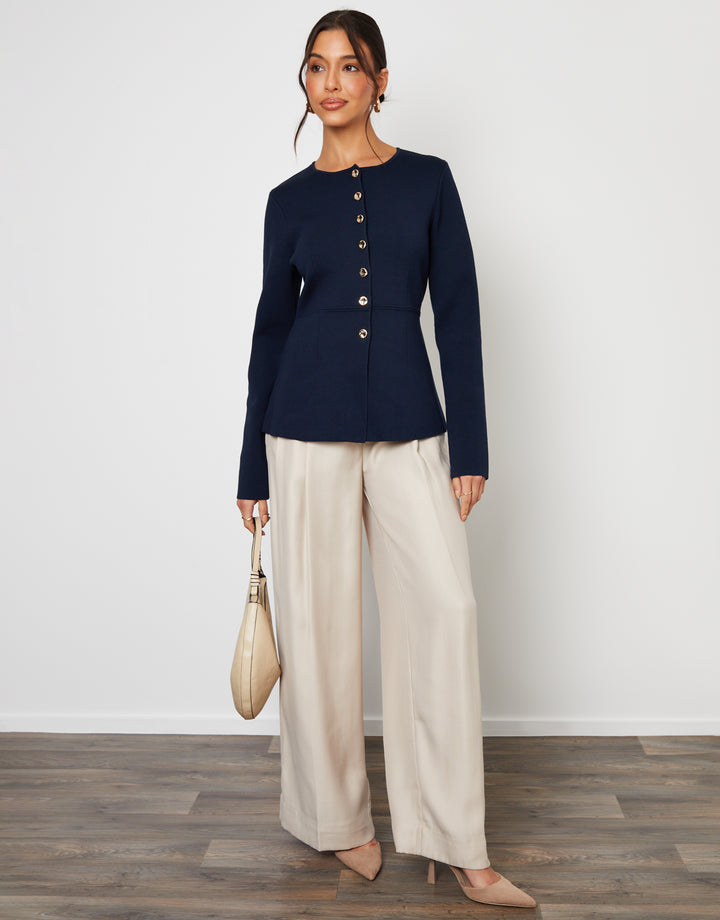 Navy Cinched Knitted Button Up Cardigan