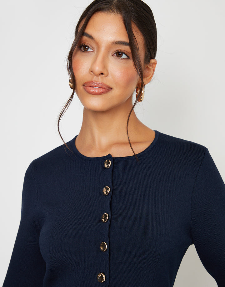Navy Cinched Knitted Button Up Cardigan