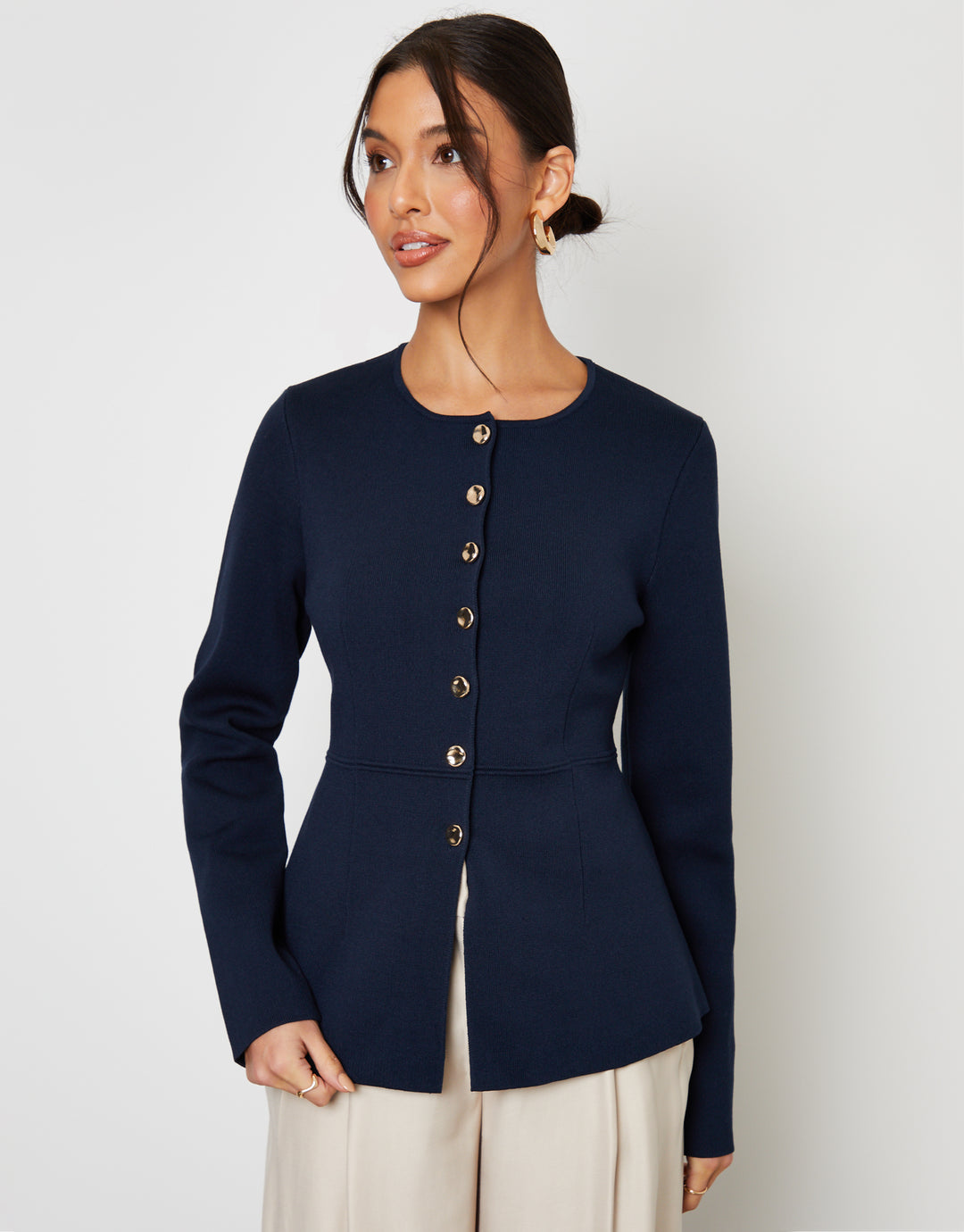 Navy Cinched Knitted Button Up Cardigan