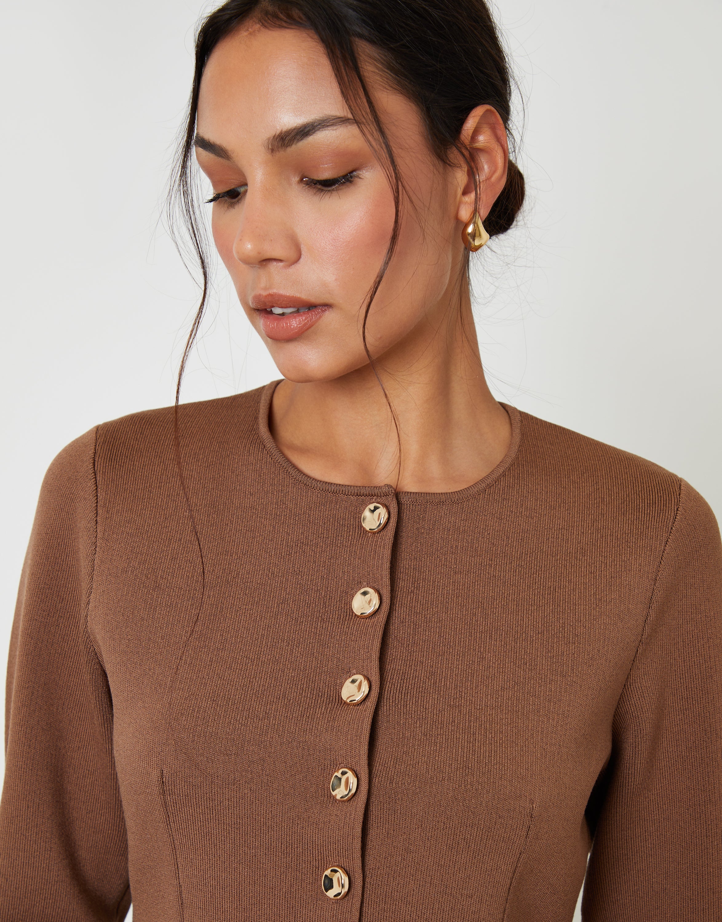 Threadbare Women's Brown Cinched Knitted Button Up Cardigan