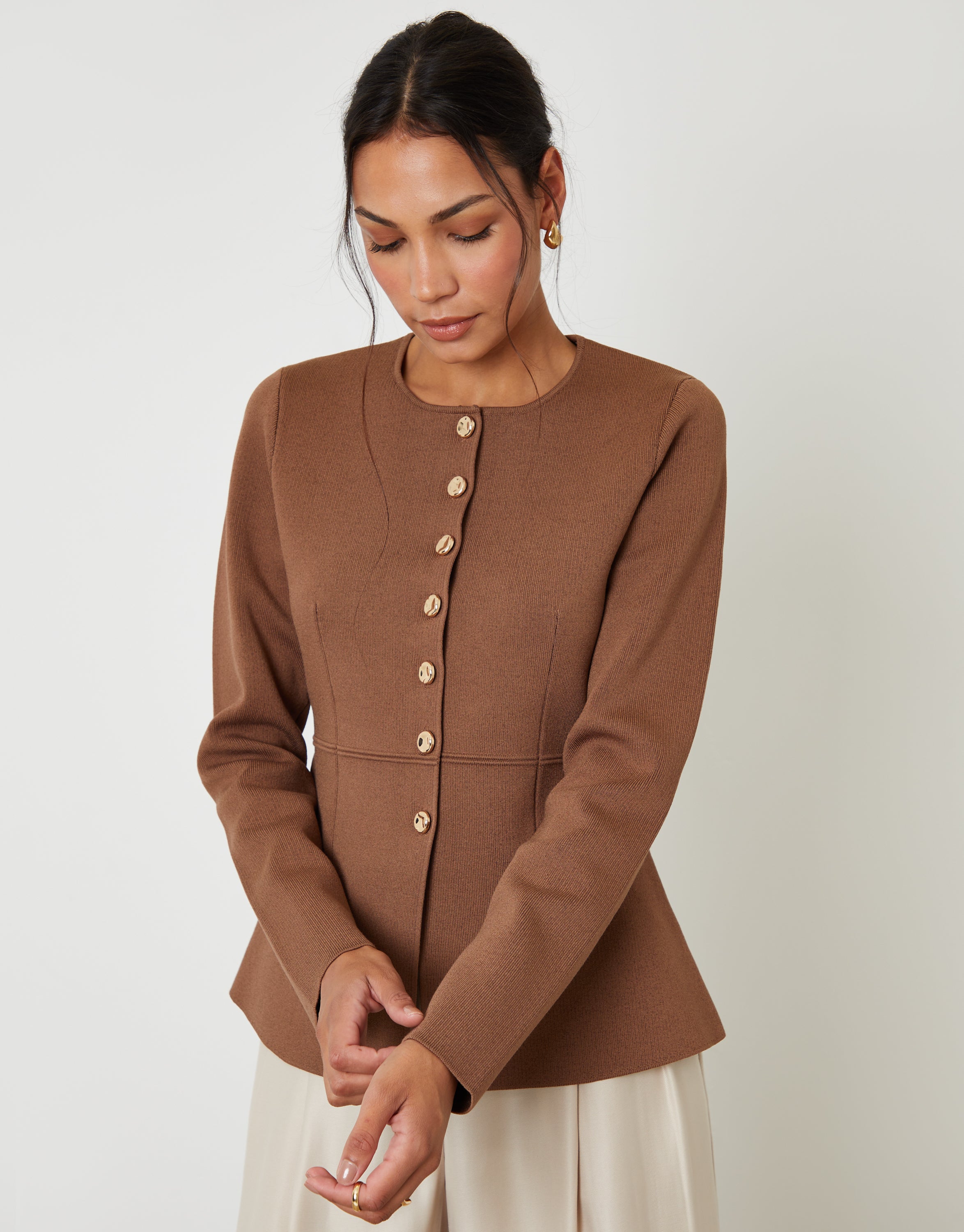 Threadbare Women's Brown Cinched Knitted Button Up Cardigan
