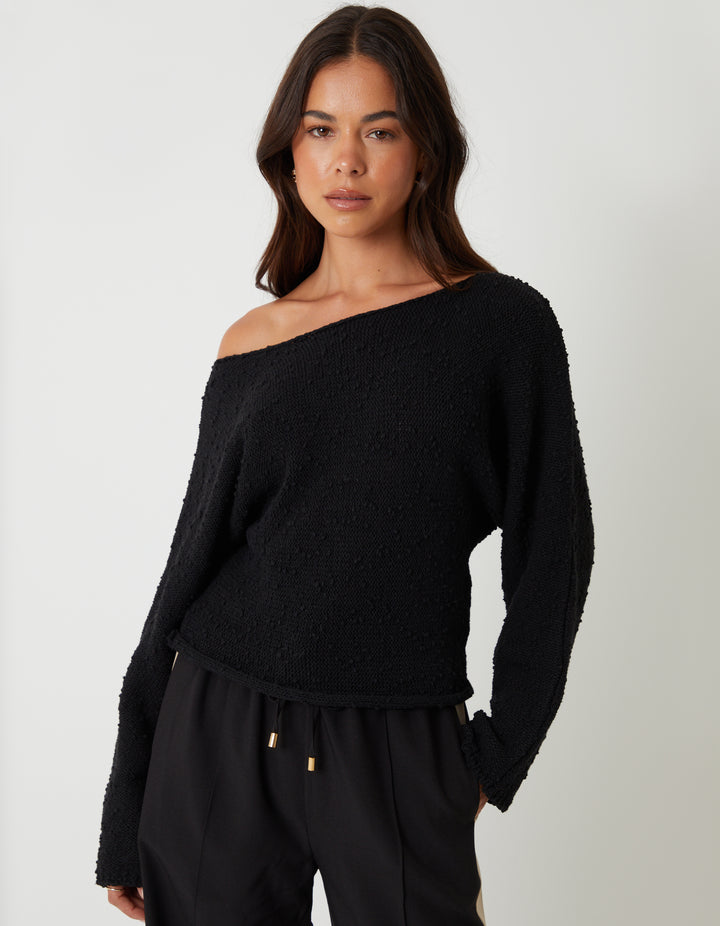 Black Popcorn Knit Slash Neck Jumper