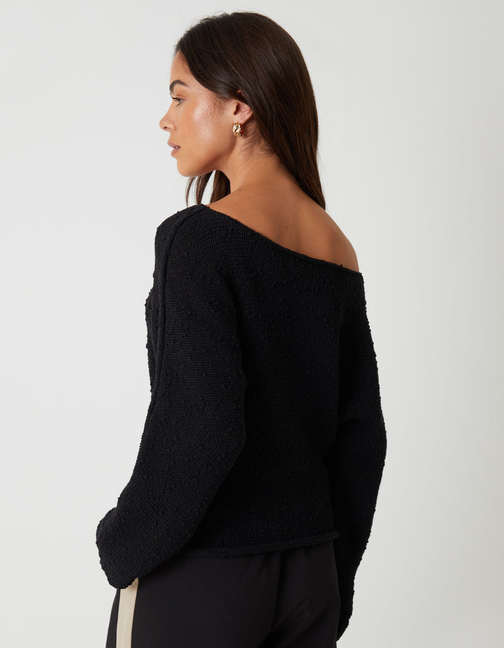 Black Popcorn Knit Slash Neck Jumper