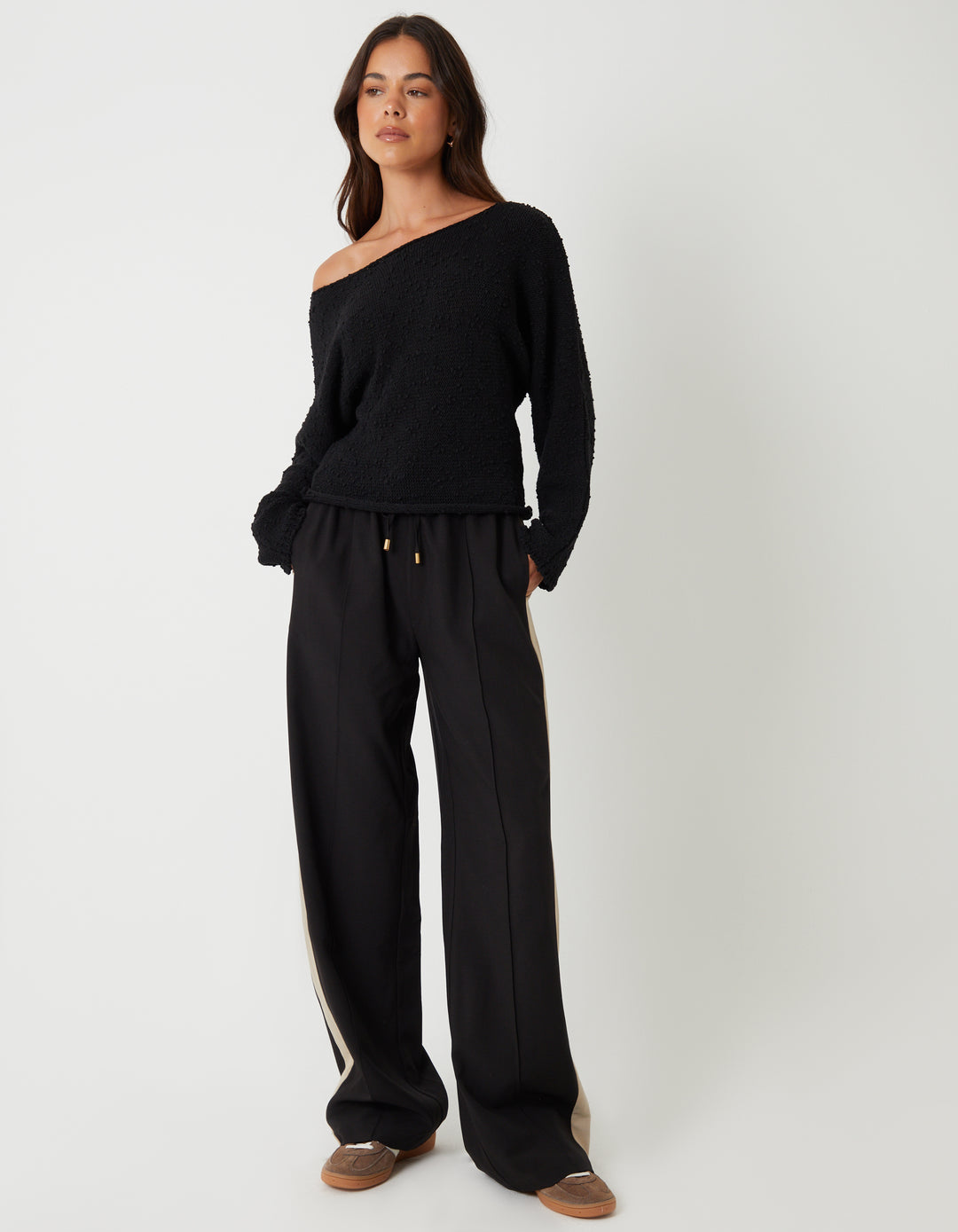 Black Popcorn Knit Slash Neck Jumper